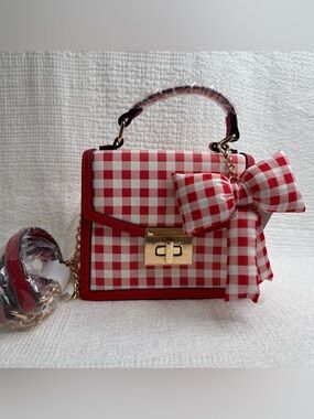 ALDO Red White Gingham Small Satchel Bag with Bow Accent & Detachable Strap ❤️